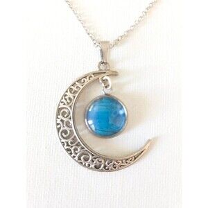 Celestial Crescent Moon Necklace Blue Cabochon Silver Tone Pendant Boho Witchy